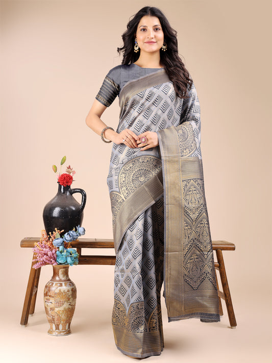 Elegant Grey and Gold Silk Saree – Graceful Artistry with Contemporary Charm