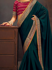 Women's Vichitra Silk Teal blue Embroidered Designer Saree With Blouse Piece