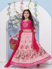 Girls Fuchsia Pink Flower Printed with Embroidered Choli, Lehenga with Dupatta