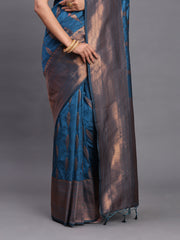 Navy Blue Banarasi Silk Saree with Copper Zari Woven Pallu & Feather Butta – Wedding & Festive Wear