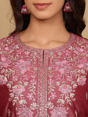 Women Mauve Silk Thread Embroidered Kurta Set With Dupatta