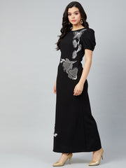 Women Embroidered Puff Sleeve Sheath Maxi Dress