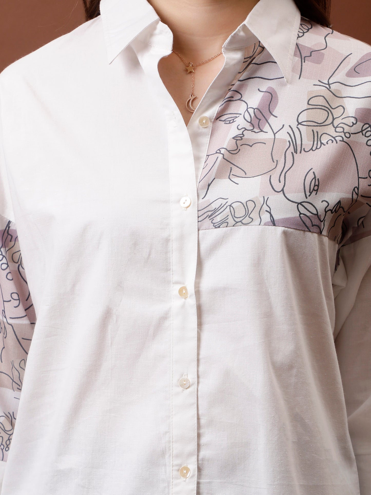 Roll-Up Sleeves Applique Cotton Shirt Style Top