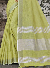 Elegant Peach Woven Linen Saree with Contrast Zari Border & Tassels – Soft & Breathable Party Wear