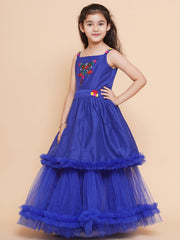 Net Woven Sleeveless Embroidered Flared Frock - Blue