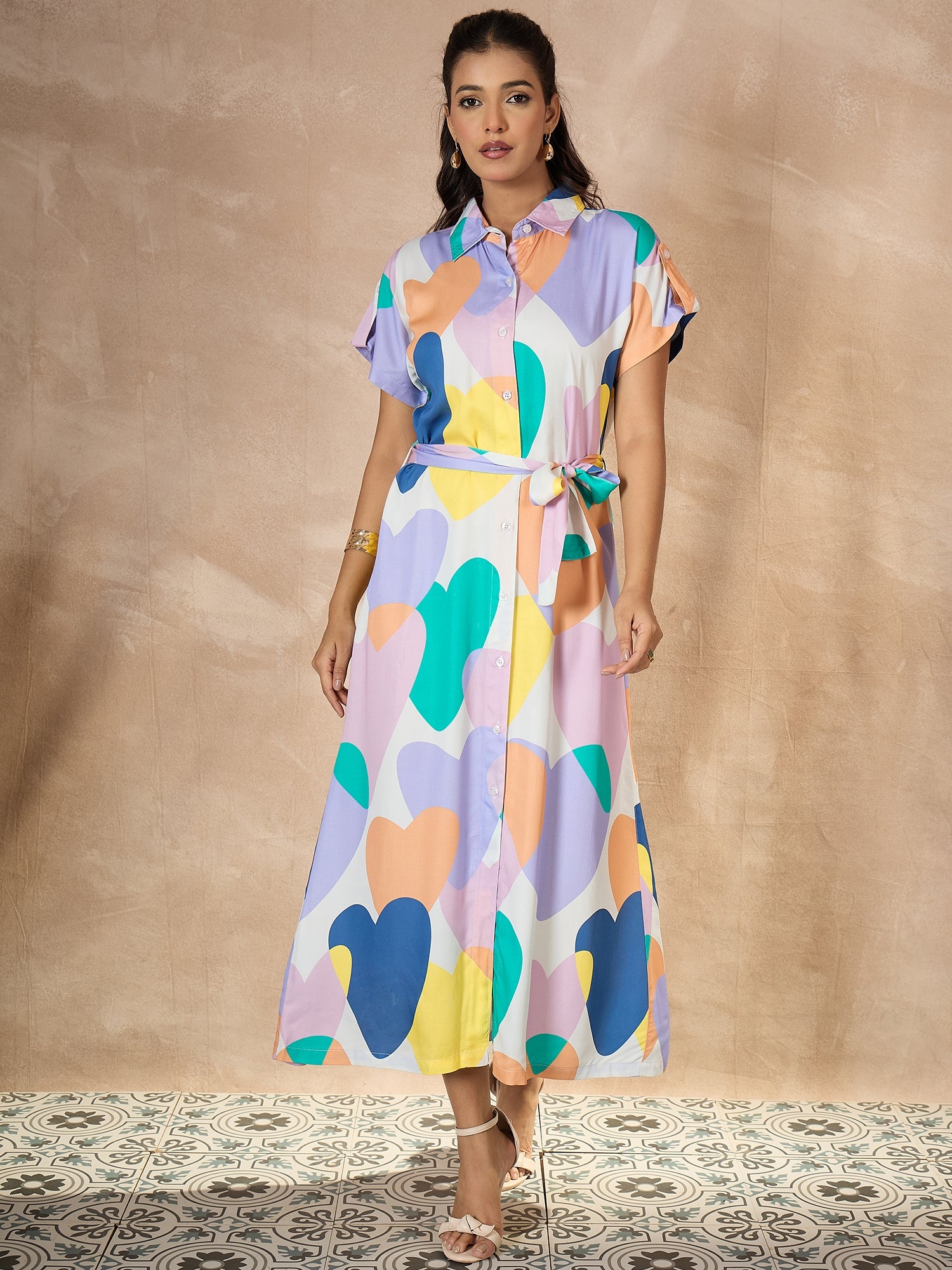 StyleStone Women's Viscose Modal Satin Printed Dress with Waist Fitting