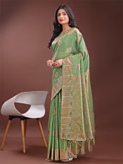 Teal Blue Linen Cotton Saree with Woven Geometric Zari Motifs – Elegant Festive Wear for Women