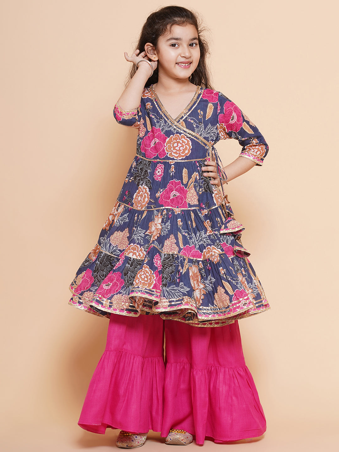 Placement Print Three-Fourth Sleeves Above Knee Length Cotton Kurta With Sharara - Navy Blue