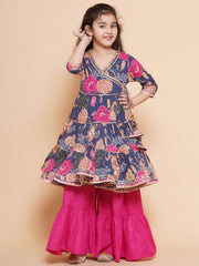 Placement Print Three-Fourth Sleeves Above Knee Length Cotton Kurta With Sharara - Navy Blue
