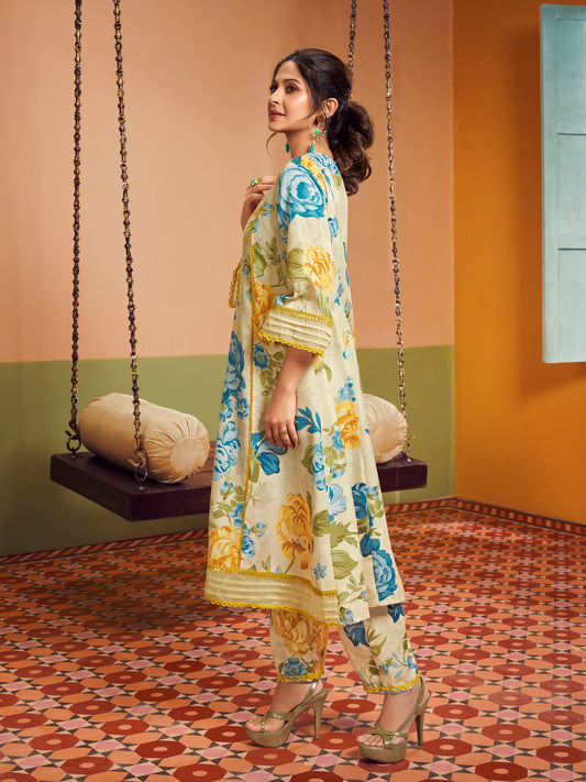Beige Multi Blue Yellow Floral Printed Kurta set