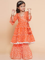Placement Print Three-Fourth Sleeves Knee length Cotton Kurta With Sharara - Orange