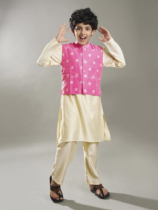 Boys off white kurta pajama with pink jacquard booti Jacket