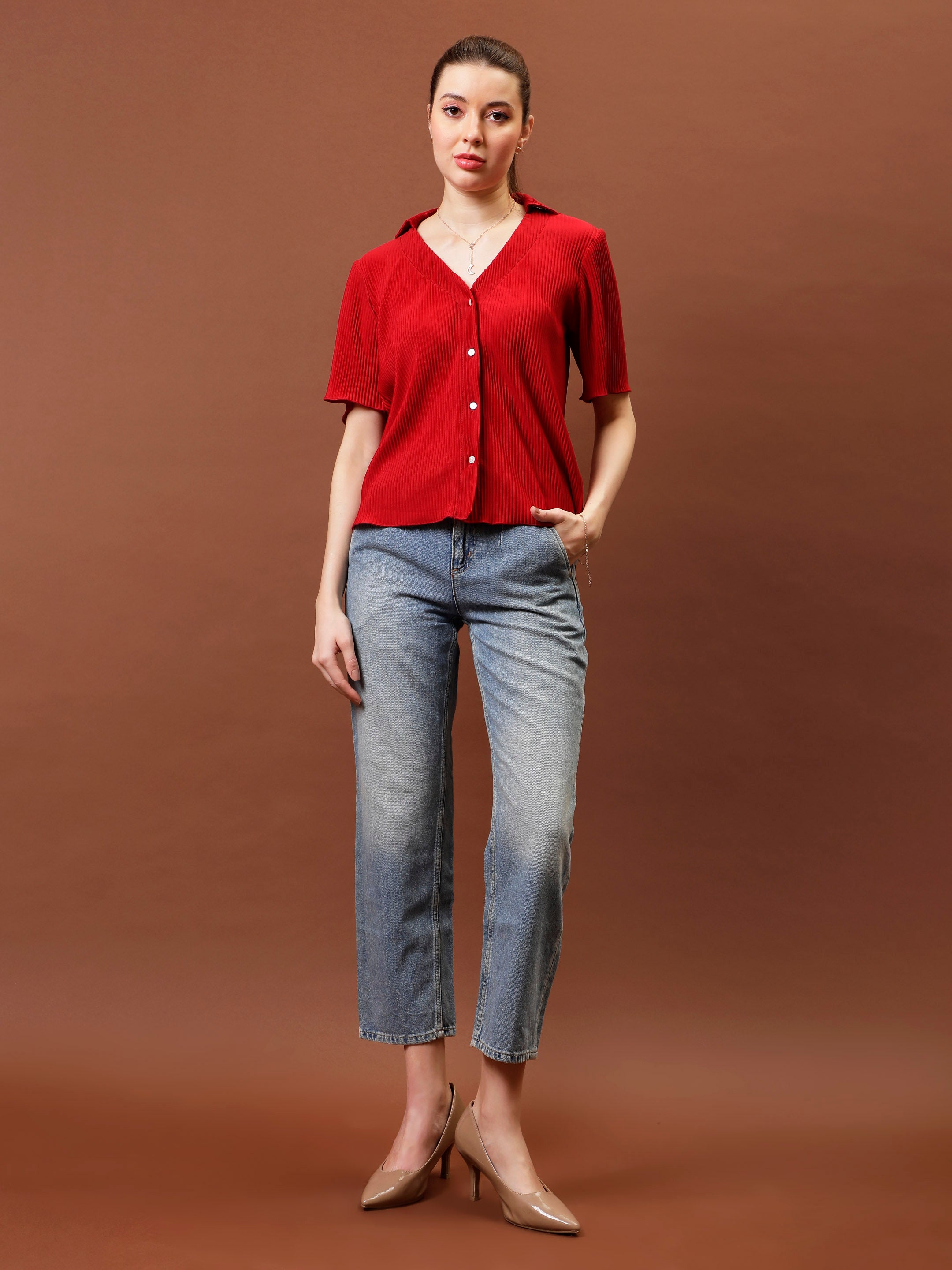 Women Self Design Shirt Style Top