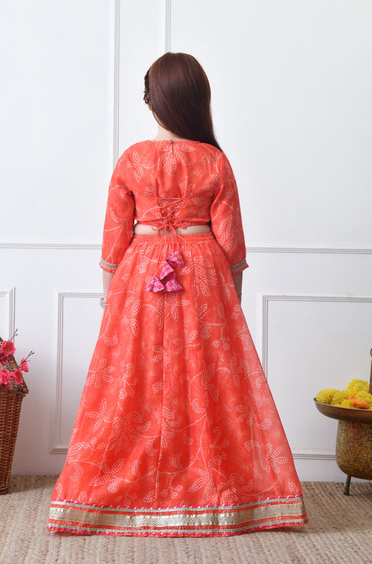 Girls Orange Printed Lehenga Choli Set with Dupatta