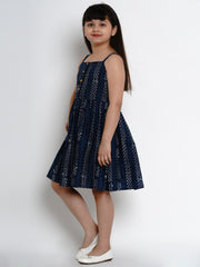 Cotton Blend Woven Sleeveless Self Design Flared Frock - Blue