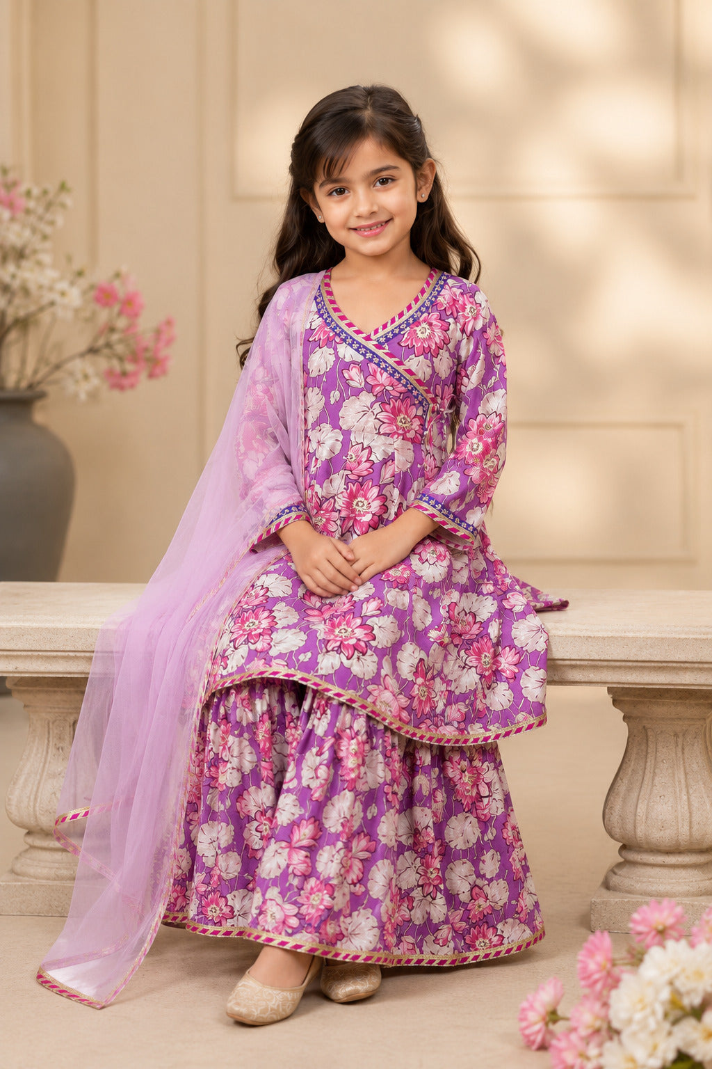 Girls Purple Floral Printed Kurta With Sharara And Pink Dupatta