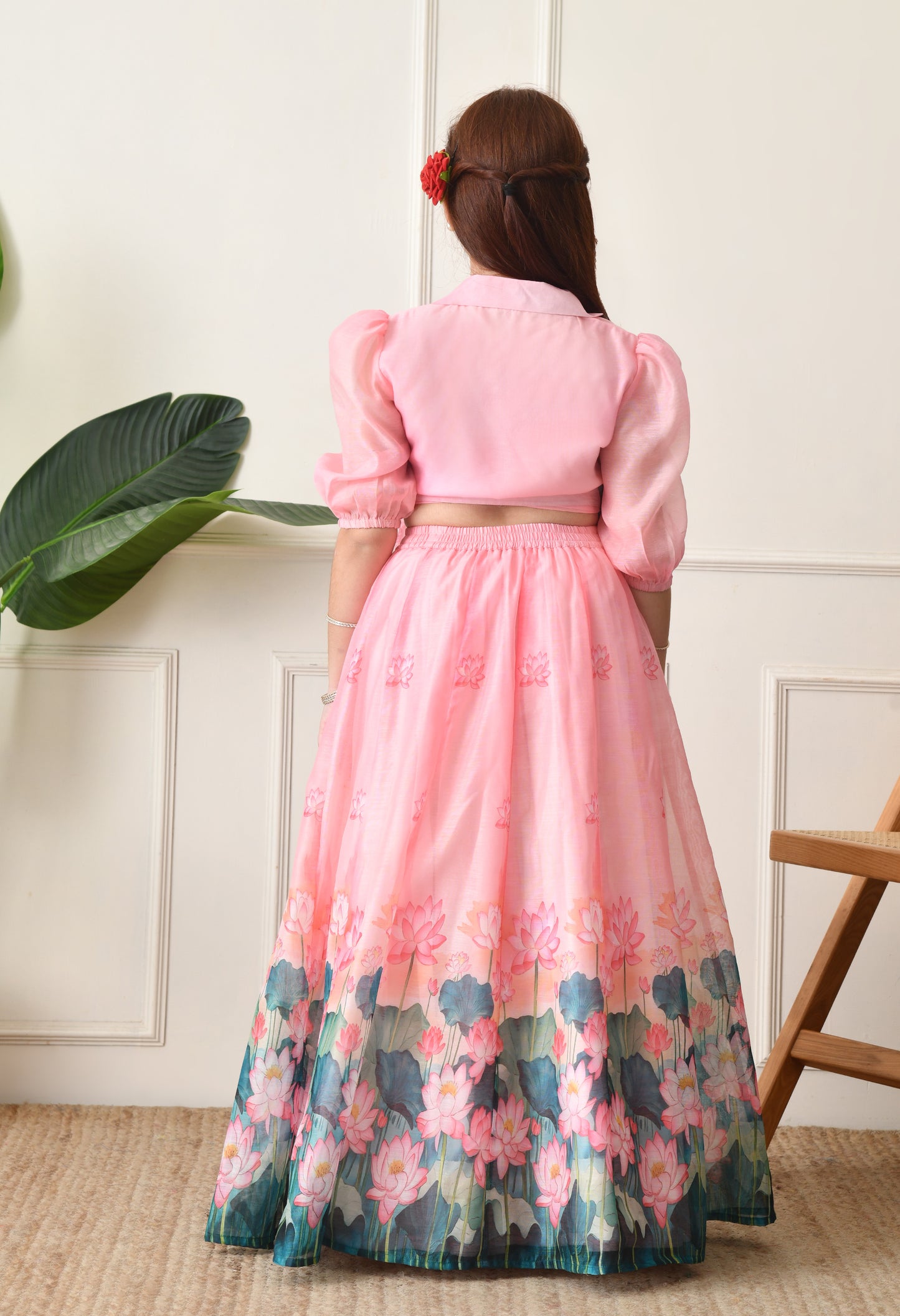 Girls Pink Lotus Print Lehenga Set with Wrap Style Blouse.??