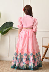 Girls Pink Lotus Print Lehenga Set with Wrap Style Blouse.??