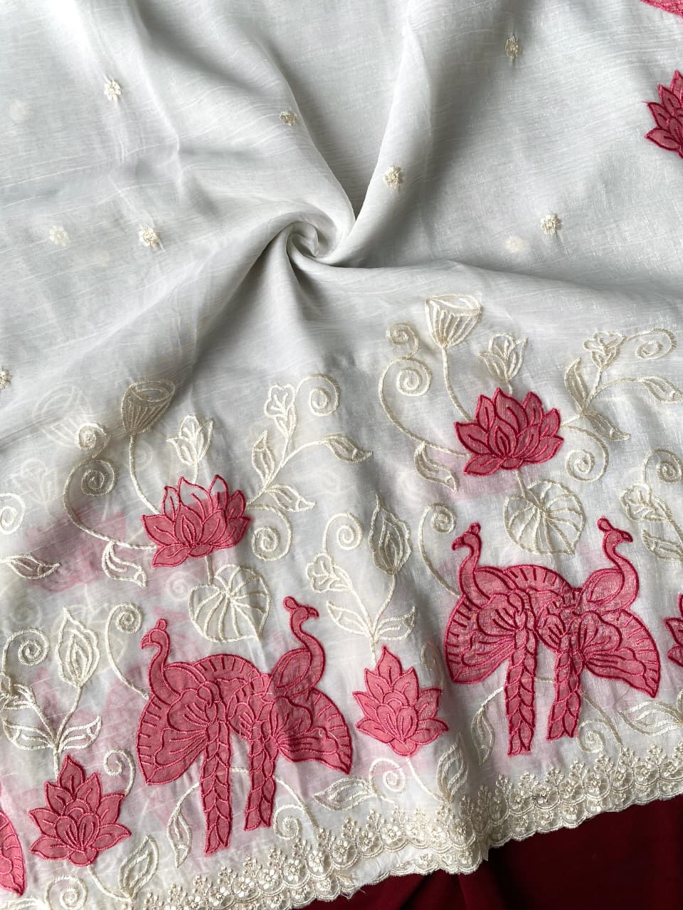 silk Saree with applique work pattern all over the Saree with embroidery and scallop  Border all over