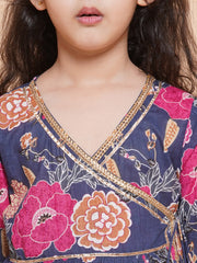 Placement Print Three-Fourth Sleeves Above Knee Length Cotton Kurta With Sharara - Navy Blue