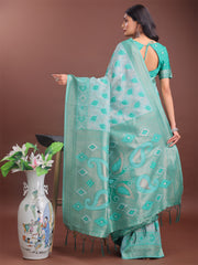 Stylish Green Linen Cotton Saree with Woven Design – Lightweight Elegance for Everyday Grace