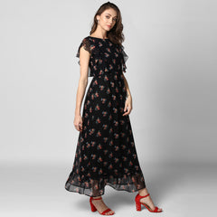Women's Black Printed Maxi Dress with Lining