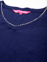 Women Navy Blue Solid V-Neck  Embellished With Gota Straight Kurta Paired With Tonal Bottom And Dupatta