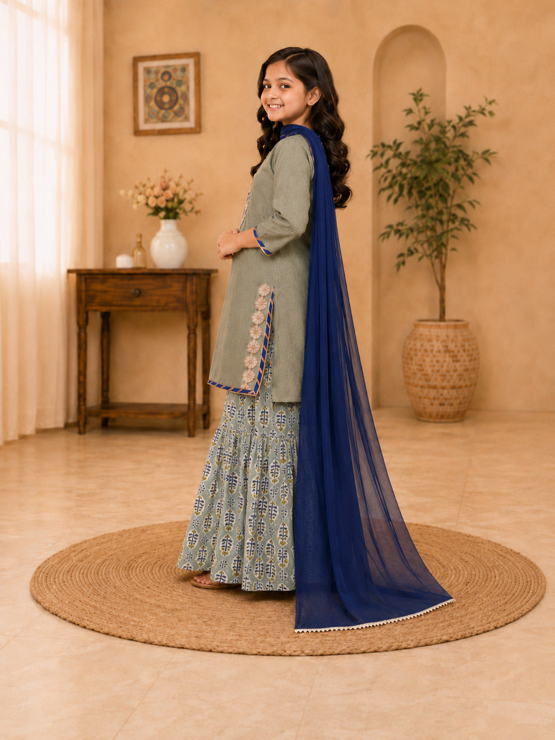 Girls Pista Green Kurta With Printed Sharara & Blue Dupatta