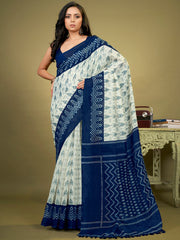 Women's Cotton Blend OffWhite Printed DesignerSaree With Blouse Piece