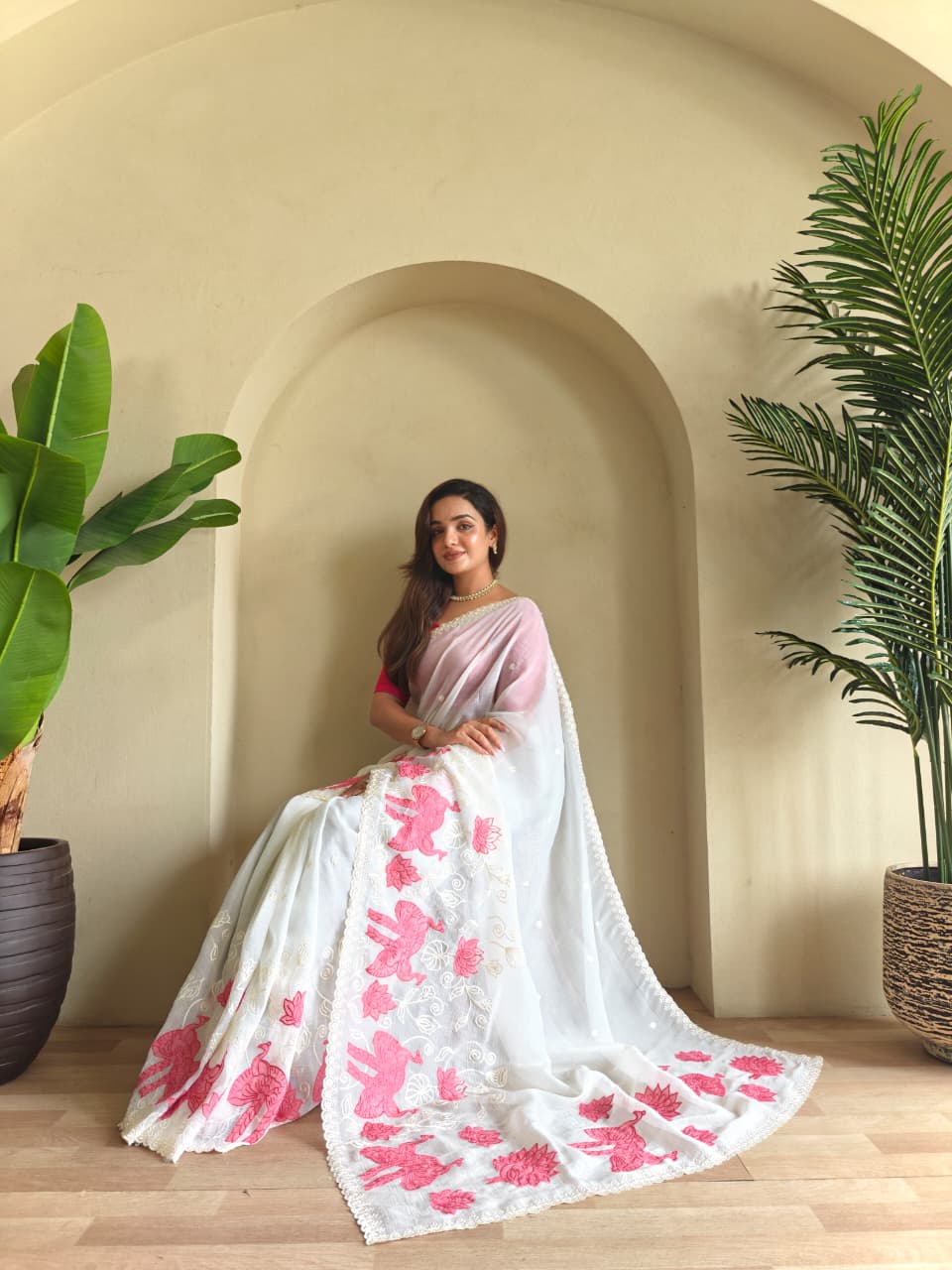 silk Saree with applique work pattern all over the Saree with embroidery and scallop  Border all over