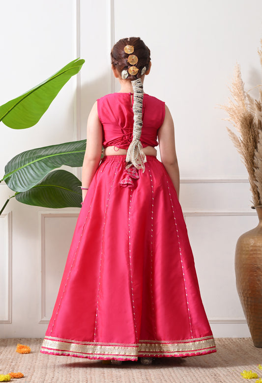Girls Rani Pink Embroidered Lehenga Choli Set with Dupatta Festive Ethnic Wear