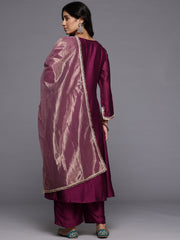 Women Wine Zari Lace Embellished Anarkali Kurta With Trousers And Tissue Dupatta.