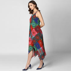 Women's Multi Colored Tile Print Asymmetric Dress