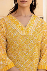 Women Yellow V Neck Thread Embroidered Kurta Paired With Printed Bottom And Dupatta