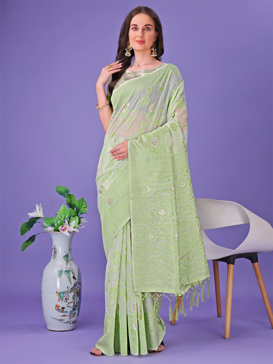 Light Green Lichi Silk Saree with Floral Weaving & Tassel Pallu – Elegant Festive & Party Wear Saree