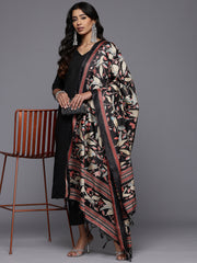 Women Solid Black V Neck Straight Kurta Set With Printed Dupatta