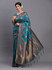 Navy Blue Banarasi Silk Saree with Copper Zari Woven Pallu & Feather Butta – Wedding & Festive Wear