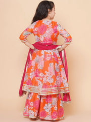 Girls Orange Multi Floral Printed Angrakha Gotta Patti Kurta & Sharara set With Dupatta