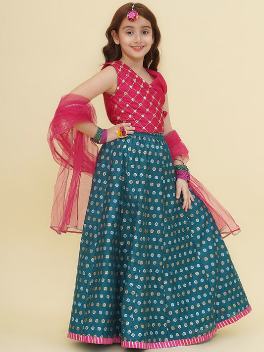 Girls Pink Embroidered Choli Turquoise Blue Woven Design Ready to Wear Lehenga With Dupatta