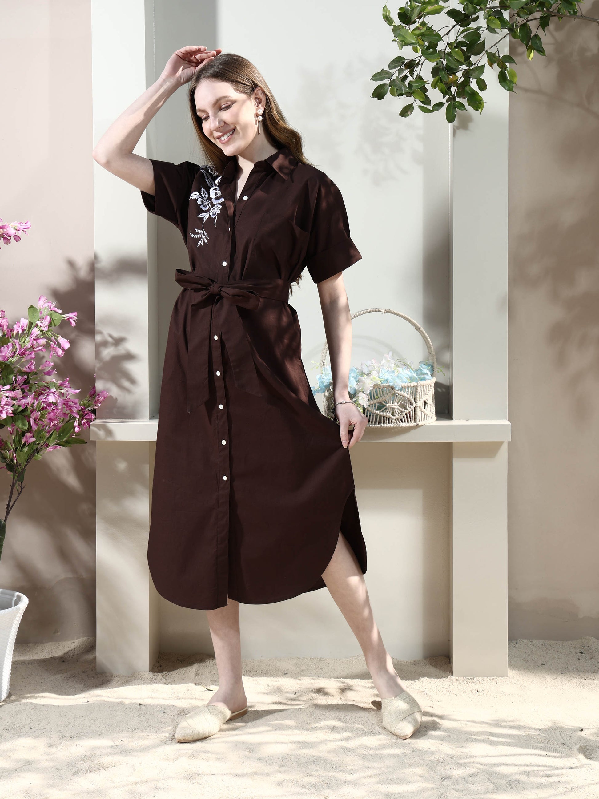 Floral Embroidered Shirt Midi Dress