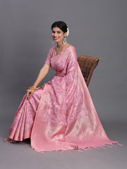Sky Blue Linen Cotton Saree with Silver Zari Weave & Tassels – Festive & Elegant Office Wear
