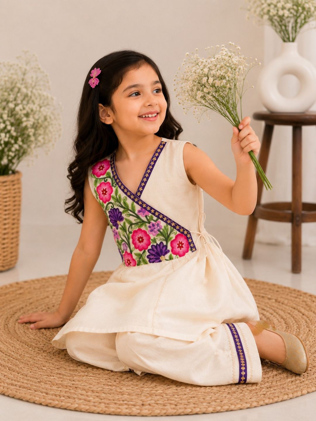 Girls Off White Embroidered Kurta With Farsi Salwar