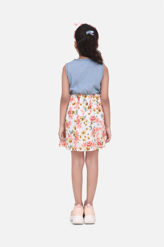 Girls Denim Dress with Floral Skirt