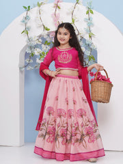 Girls Fuchsia Pink Flower Printed with Embroidered Choli, Lehenga with Dupatta