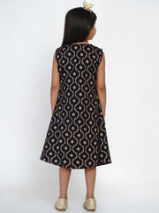 Cotton Blend Woven Sleeveless Self Design Flared Frock - Blue