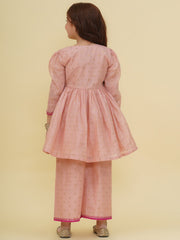 Three-Fourth Sleeves Above Knee Length Silk Kurta With Palazzo - Peach