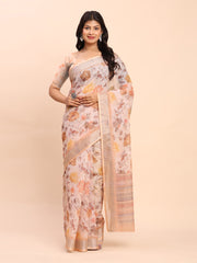 Soft Linen Cotton Saree for Women with Blouse | Elegant Cream Beige Saree with Peach Floral Print & Subtle Zari Border | Lightweight Daily & Festive Wear
