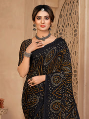 ساري نسائي أسود مطبوع من الشيفون بتصميم أنيق مع قطعة بلوزة