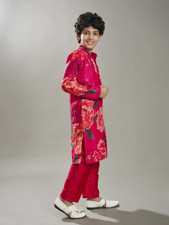 Boys Pink floral printed kurta with a Pink pajama