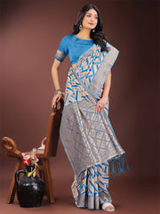 Elegant Pink & Cream Linen Saree with Geometric Design and Zari Border – Festive & Party Wear